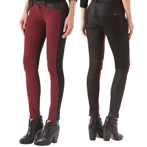 Rag & Bone Size 28 Burgundy Jekyll Lamb’s Leather Suede Trim Skinny Jeans - Picture 1 of 12